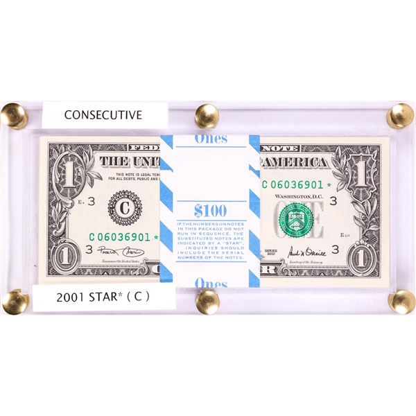 Pack of (100) Consecutive 2001 $1 Federal Reserve STAR Notes Philadelphia in Holder