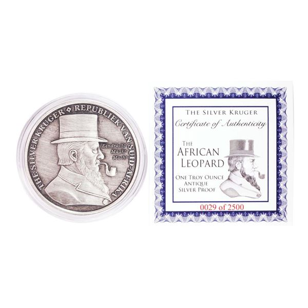 The Silver Kruger African Leopard 1 oz Antique Silver Proof Round w/COA