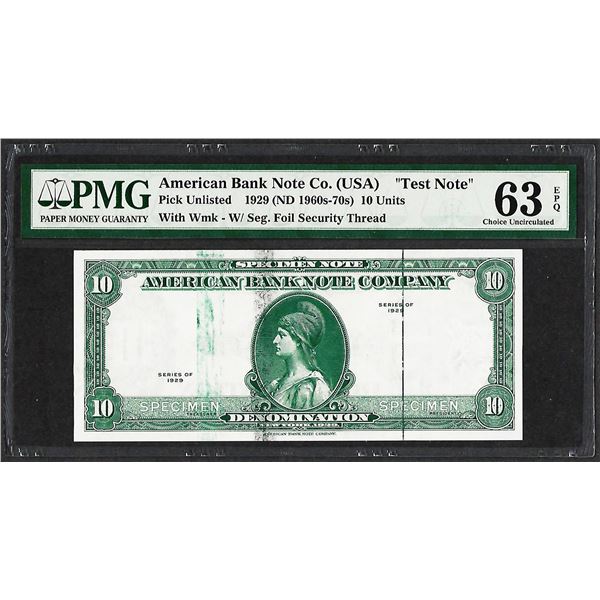 1929 10 Unit American Bank Note Co. "Test Note" PMG Choice Uncirculated 63EPQ