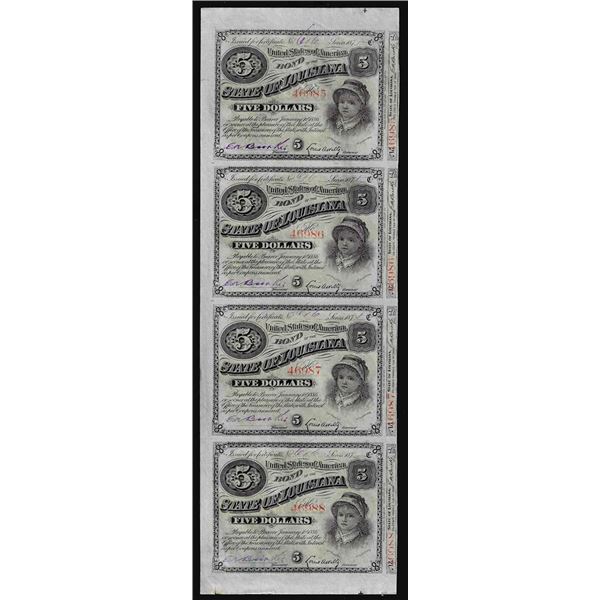 Uncut Sheet of (4) State of Louisiana Baby Bond Obsolete Notes