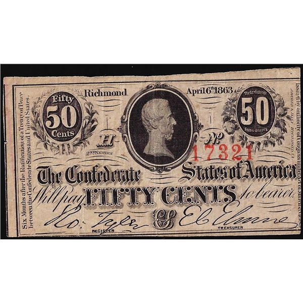 1863 Fifty Cents Confederate States of America Note