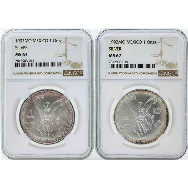 Set of (2) 1992MO Mexico 1 Onza Silver Libertad Coins NGC MS67