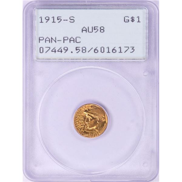 1915-S $1 Pan Pac Commemorative Gold Dollar Coin PCGS AU58 Green Rattler Holder
