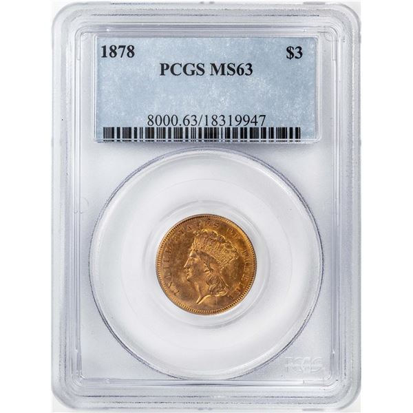 1878 $3 Indian Princess Head Gold Coin PCGS MS63