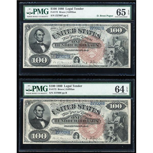 Consecutive Pair 1880 $100 Legal Tender Notes Fr.172 PMG Ch/Gem Uncirculated 64/65EPQ
