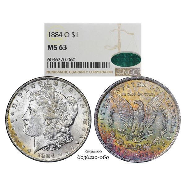 1884-O $1 Morgan Silver Dollar Coin NGC MS63 CAC Amazing Toning