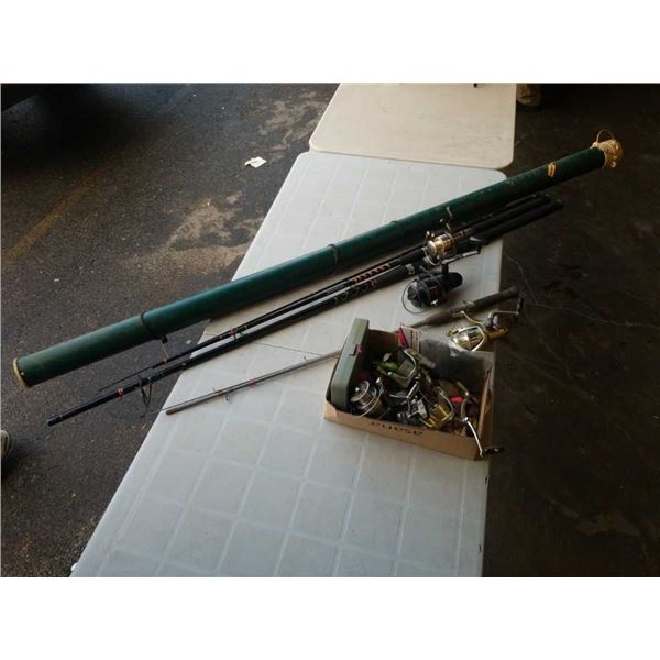 LOT OF FISHING RODS, REELS AND LURES