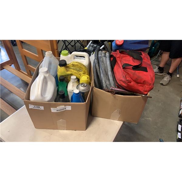 2 BOXES HOSES, FIRST AID KIT, DIESEL OIL, VEHICLE FLUIDS