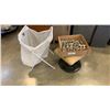 Image 1 : Box of new cabinet hinges, footstool and folding hamper