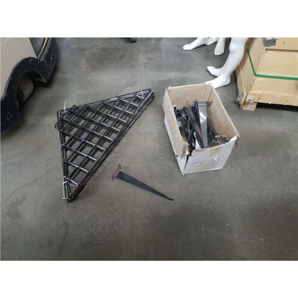 Box of gridwall shelf hooks and mobile gridwall triangle bases