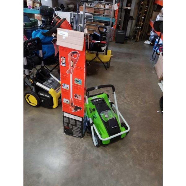 Greenworks 40 v cordless lawnmower no battery, and black and decker weed eater - store returns