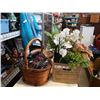 Image 1 : 2 WICKER BASKETS AND ARTIFICIAL PLANTS AND BLANKET