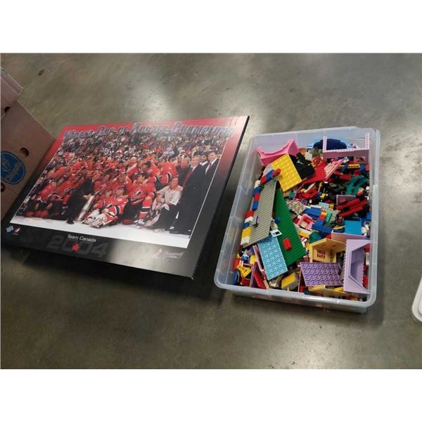 Tote of lego and 2004 team canada photo board