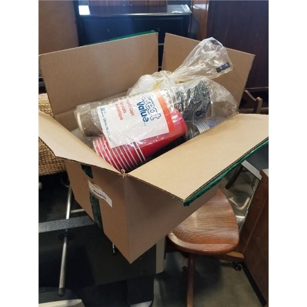 BOX OF DISPOSABLE PLATES, CUPS, STRAWS, CUTLERY