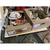 Image 1 : 2 TRAYS OF KITCHEN ITEMS, SERVING PIECES, TEAPOT, CAR DECANTER