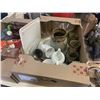 Image 3 : 2 TRAYS OF KITCHEN ITEMS, SERVING PIECES, TEAPOT, CAR DECANTER