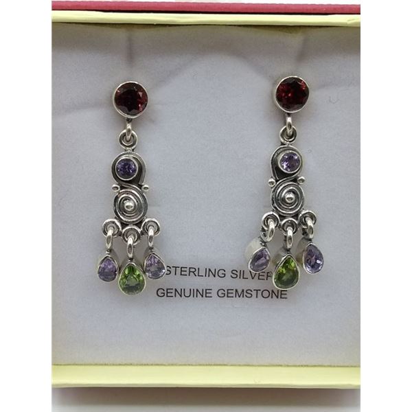 DANGLING STERLING SILVER MULTI COLOUR GEMSTONE EARRINGS RETAIL $300