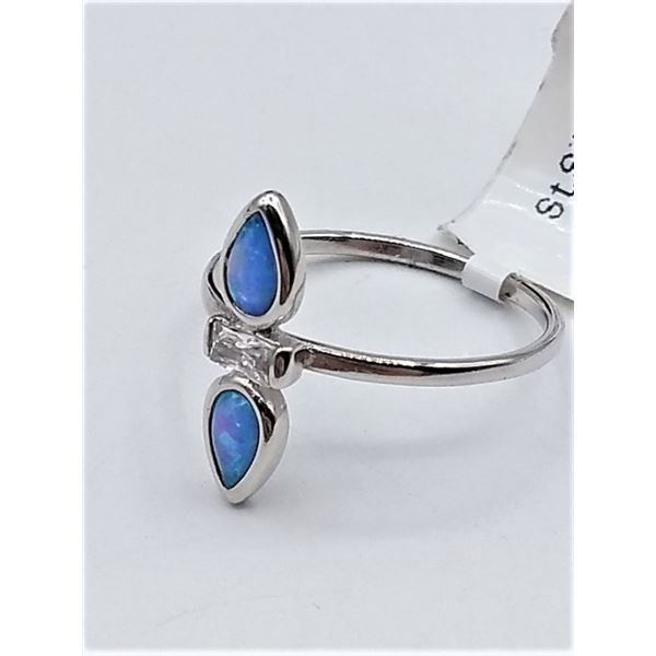 STERLING SILVER RHODIUM PLATED, CREATED OPAL AND CZ RING W/ APPRAISAL $590