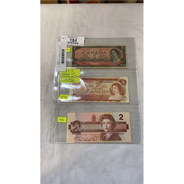 LAST 3 ISSUES OF CANADIAN 2 DOLLAR BILLS 1954, 1974, 1986