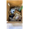 Image 2 : BOX OF COLLECTIBLES - POCKET KNIFE, CLOCK, WATCHES, FLASKS, ETC