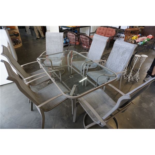 GLASSTOP PATIO TABLE WITH 6 CHAIRS - 2 ARE SWIVEL