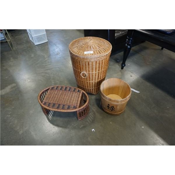 WICKER HAMPER WITH LID, WOOD PAIL AND WICKER SERVING TRAY