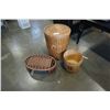 Image 1 : WICKER HAMPER WITH LID, WOOD PAIL AND WICKER SERVING TRAY