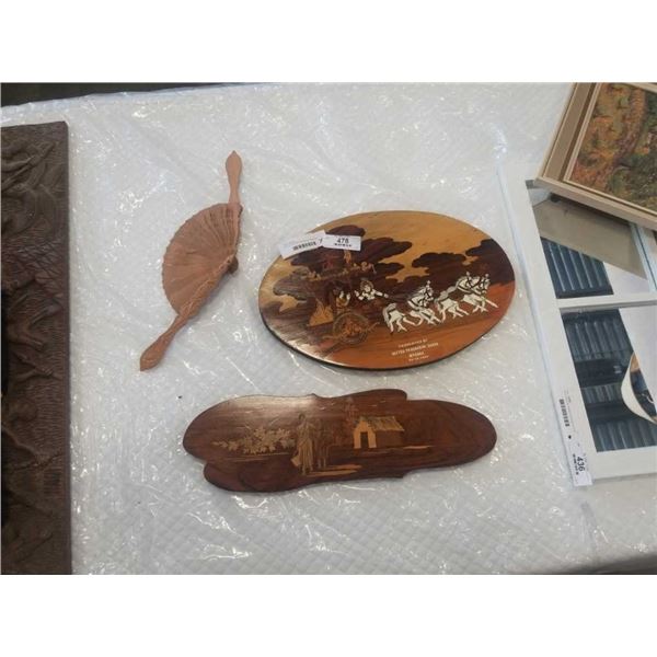 LOT OF DECORATIVE WOOD ITEMS, FAN, ART