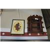 Image 1 : MAHOGANY FINISH CURIO CABINET AND CROSS STICH PICTURE - BASKET OF POPPIES
