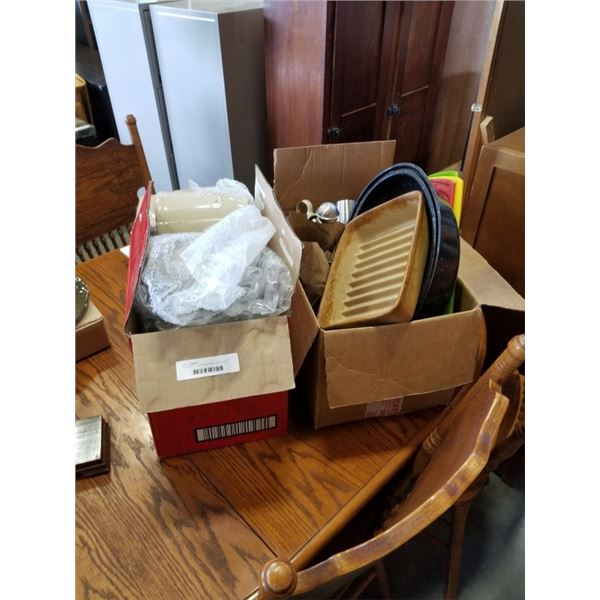 2 BOXES OF KITCHEN ITEMS, MUGS AND TEAPOT, CUTTING BOARDS