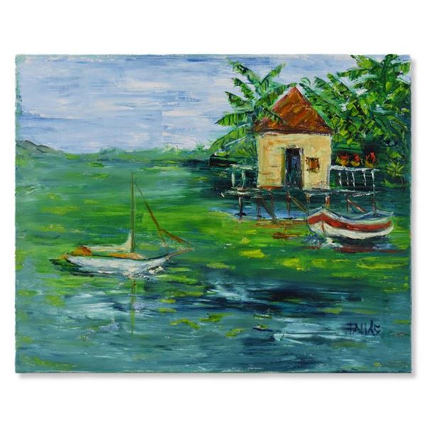 Elliot Fallas, "Dock Side" Original Oil Painting on Canvas, Hand Signed with Letter of Authenticity.