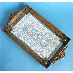 Empire Art Gold Brass Lace Glass Jeweled Tray  #1666132