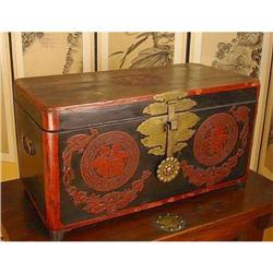 Red Painted Wood, Paper, Brass Wedding Chest #1666553