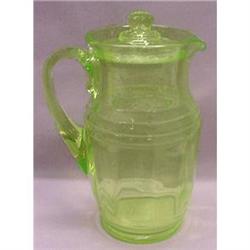 Vaseline Green Depression Glass Covered Pitcher#1679716