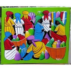 ORIG OIL PAINTING HAITI LADIES AT MARKET #1690281