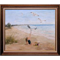 ORIG. OIL SEASCAPE OF A CHILD FEEDING SEAGULLS #1690291