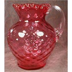 Cranberry QUILTED Pitcher CLEAR Handle ANTIQUE #1691412