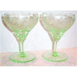 Two Green Tiffin Sylvan Decorated Wine Goblets #1691544