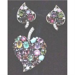 Leaf shaped multi jeweled pin and earrings #1692255