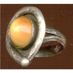 Ring Sterling Silver Agate Cabochon Hammered #1692501