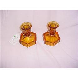 Fostoria amber coin dot candle holders #1692562