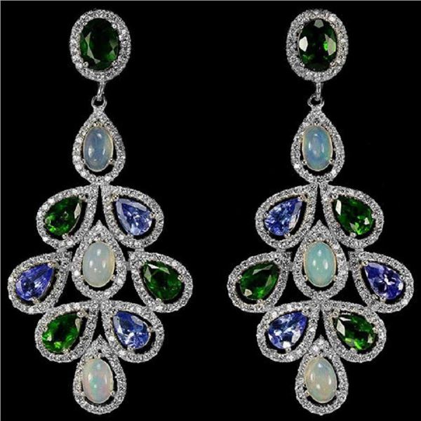 Natural Tanzanite, White Opal, Chrome Diopside Earrings