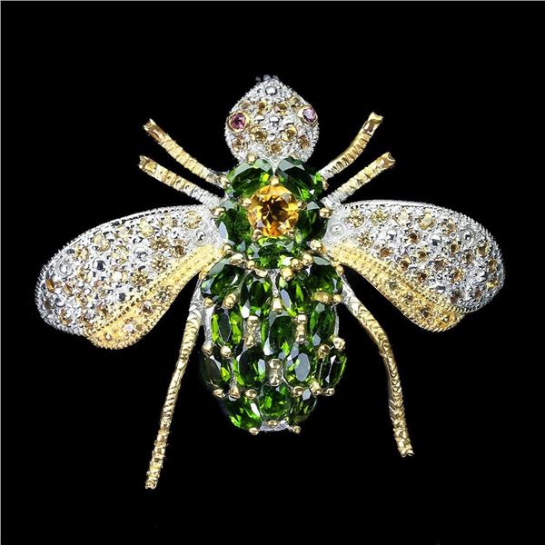 Natural Ch-Diopside Citrine Rhodolite Sapphire Brooch