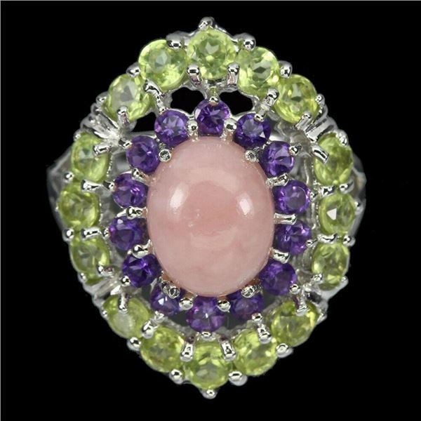 Natural Pink Opal 10x8MM, Amethyst &  Peridot Ring