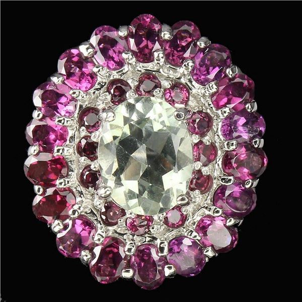 Natural Green Amethyst &  Rhodolite Garnet Ring
