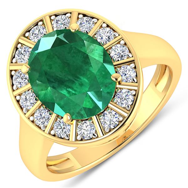 Natural 3.56 CTW Zambian Emerald & Diamond Ring 14K Yellow Gold - REF-145H3M