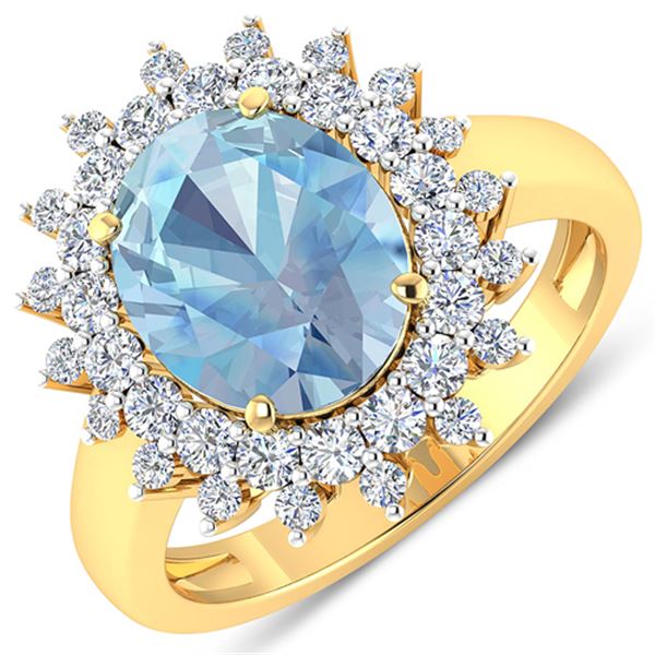 Natural 3.49 CTW Aquamarine & Diamond Ring 14K Yellow Gold - REF-135H5M