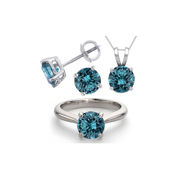 14K White Gold SET 6.0CTW Blue Diamond Ring, Earrings, Necklace - REF-1349X5F