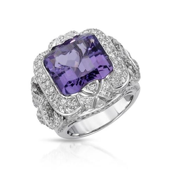 Natural 12.87 CTW Amethyst & Diamond Ring 18K White Gold - REF-354H6W