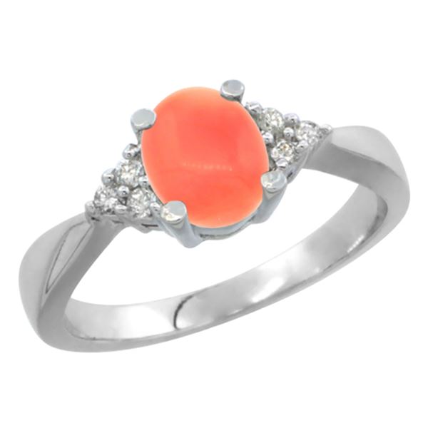 0.06 CTW Diamond & Natural Coral Ring 10K White Gold - REF-28X2M